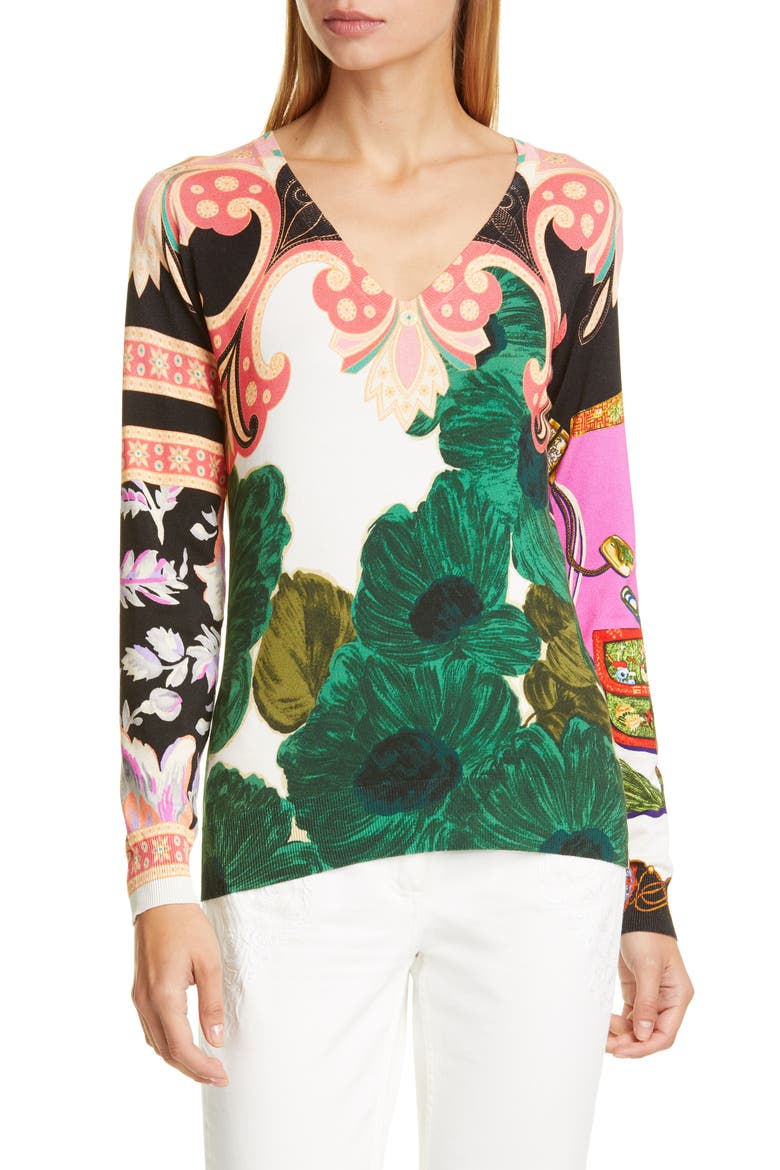 Floral Print Silk Blend Sweater, Main, color, GREEN