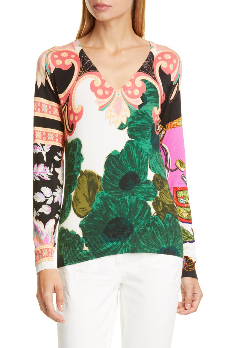 Etro Floral Print Silk Blend Sweater, Main, color,