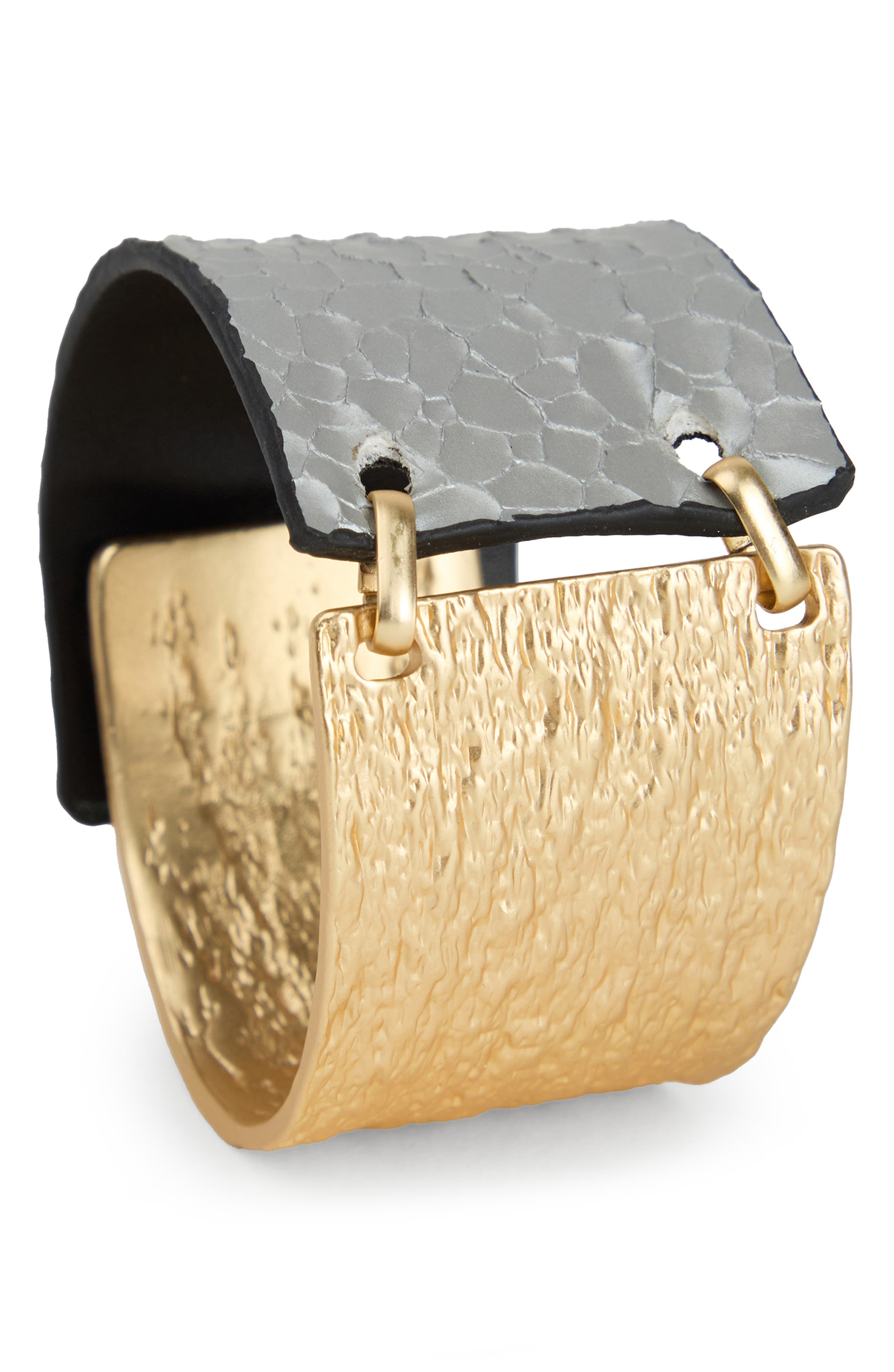 SAACHI Hammered Metal & Faux Leather Bracelet