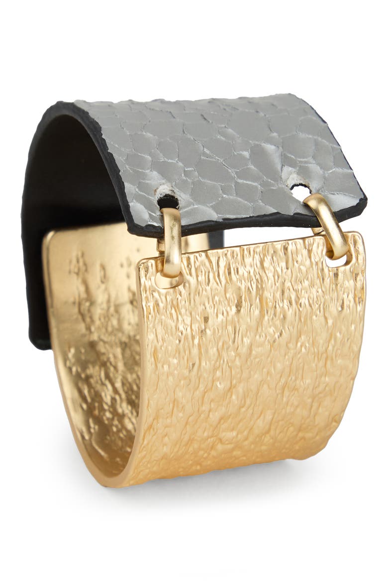 Hammered Metal & Faux Leather Bracelet, Main, color, GOLD