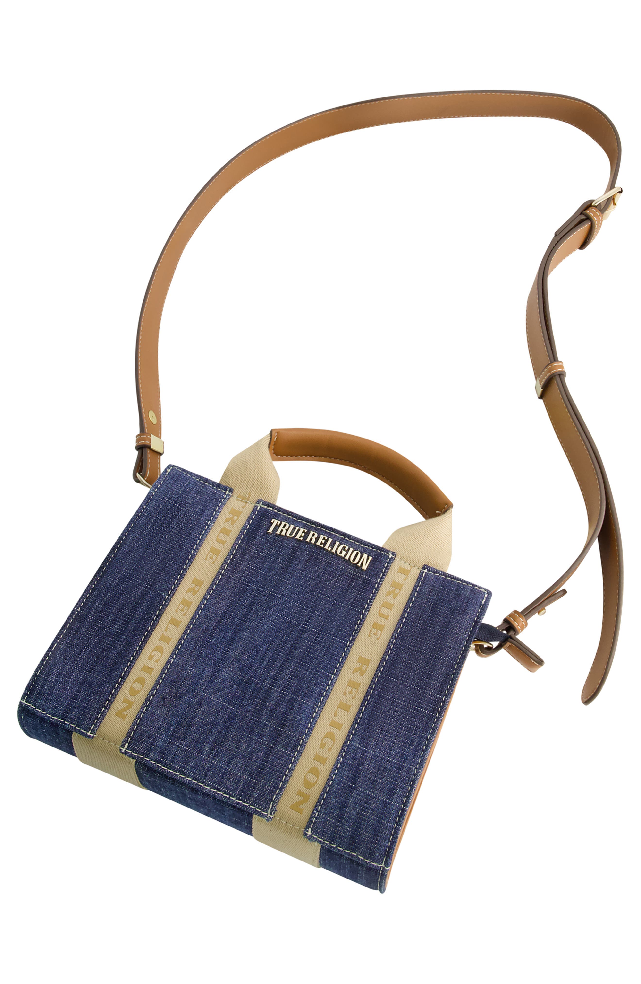 True Religion Mini Logo Denim Convertible Tote Bag, Alternate, color, Dark Denim