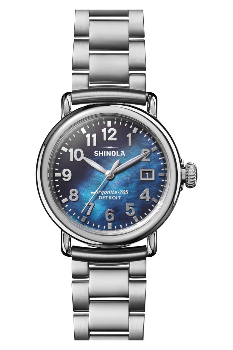 Runwell Mother-of-Pearl Bracelet Watch, 36mm, Main, color, CADET BLUE