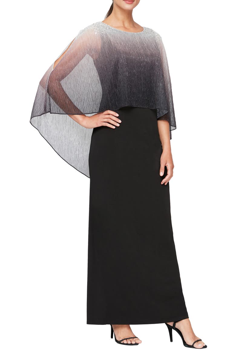 Long Ombré Pullover Dress with Capelet, Main, color, BLACK SILVER