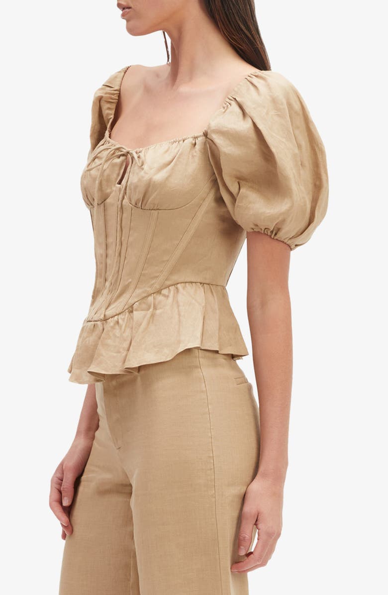 Bardot Esra Puff Sleeve Linen Corset Top, Alternate, color, Latte