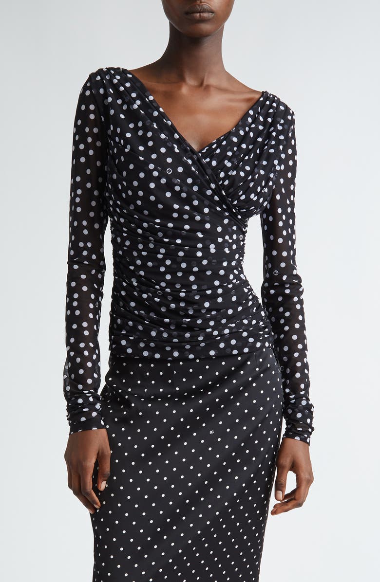 Dolce&Gabbana Polka Dot Ruched Tulle Top, Main, color, Nero Dot Bianco