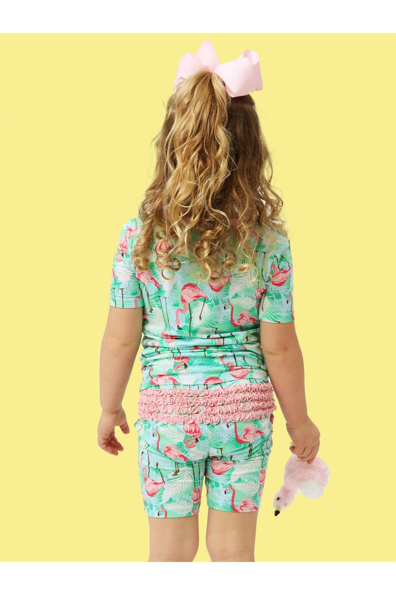 Ruffle Short Sleeve Pajama Set, Alternate, color, Green Vibrant Flamingo