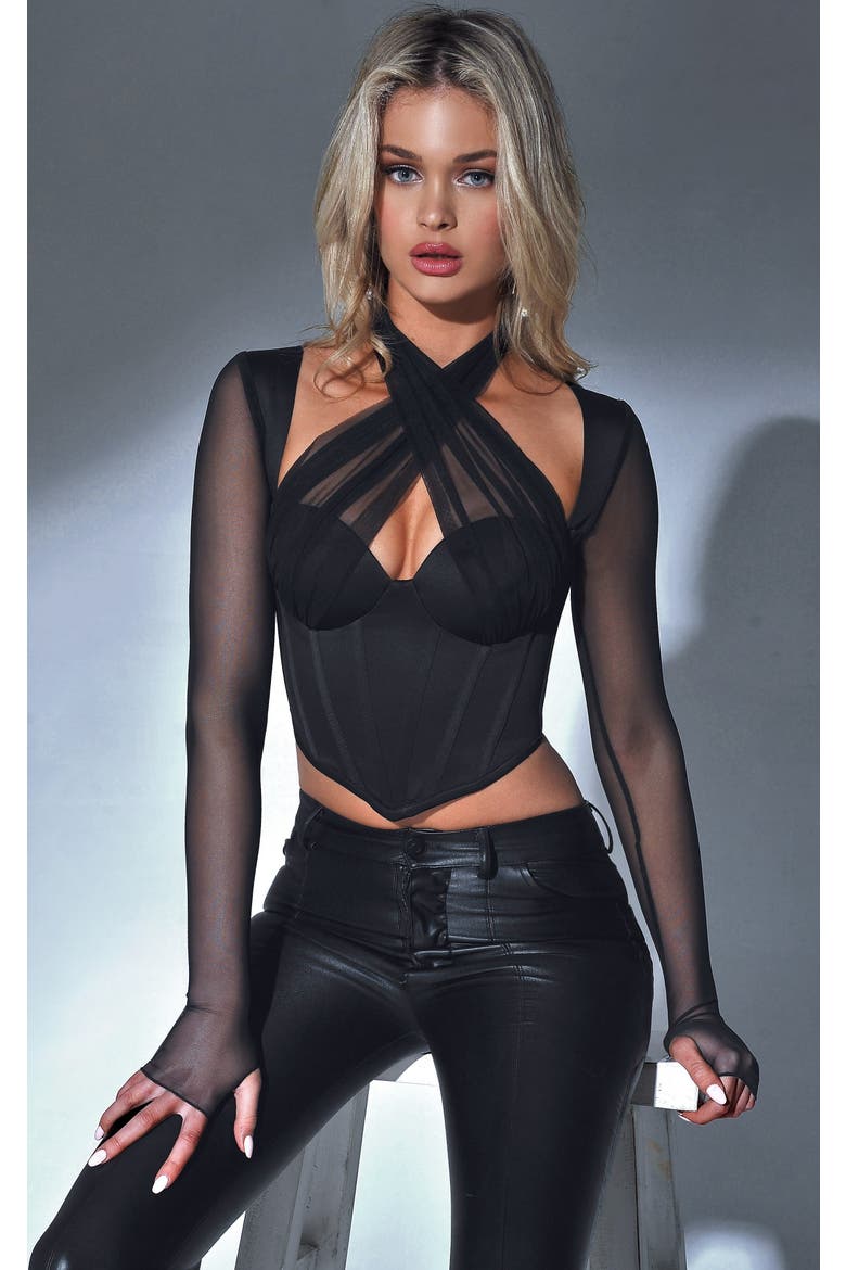 Nataly Mesh Satin Corset Top, Main, color, Black