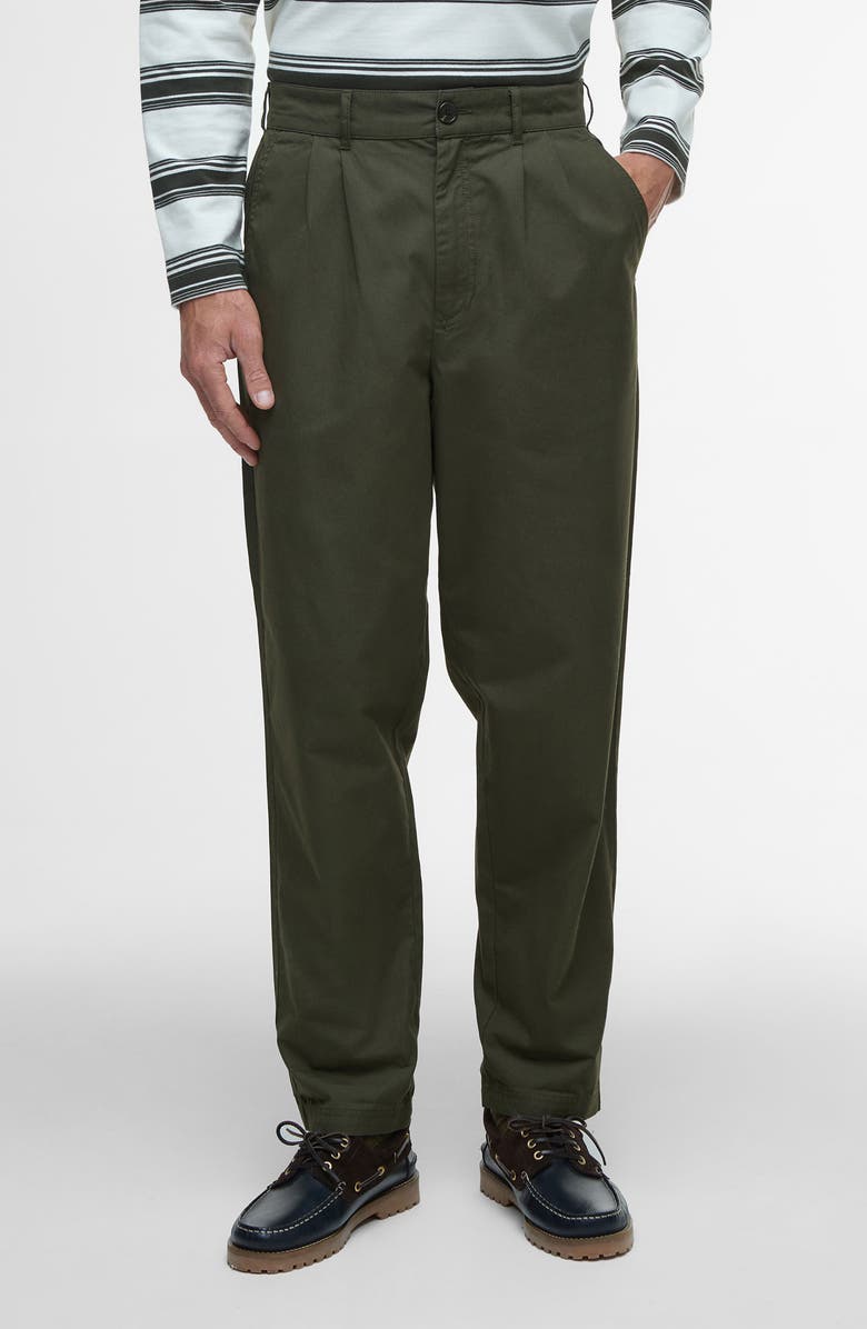 Barbour Cole Relaxed Fit Pleated Cotton Poplin Chinos, Main, color, Olive