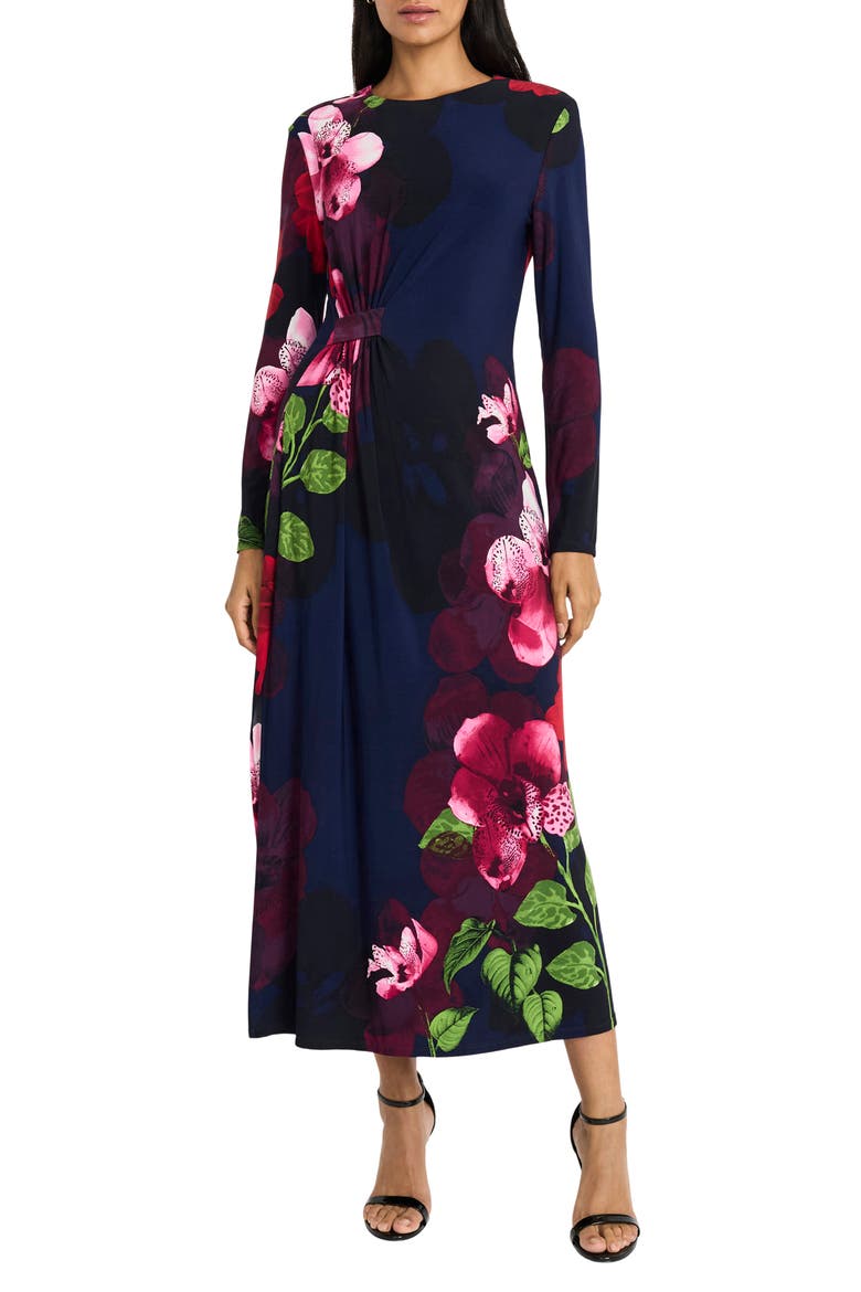 Floral Print Long Sleeve Maxi Dress, Main, color, NAVY/ FLAME
