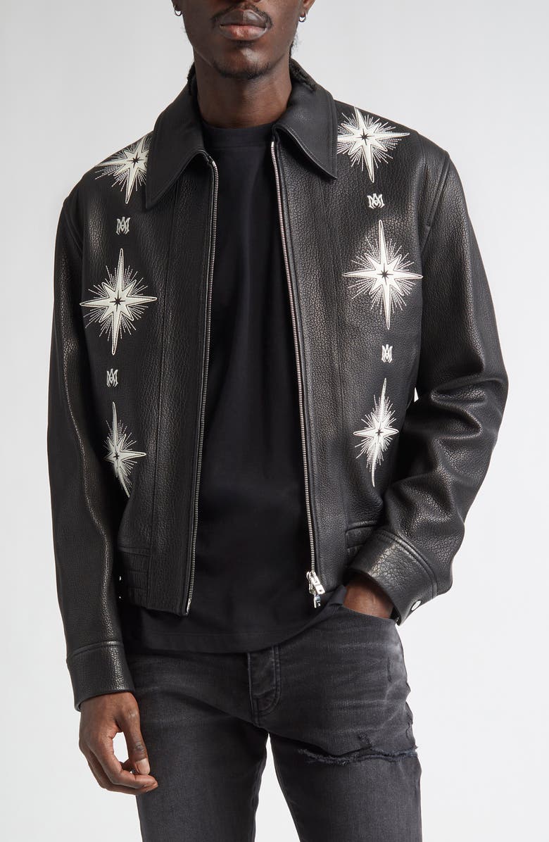AMIRI Starburst Appliqué Leather Bomber Jacket, Main, color, 
