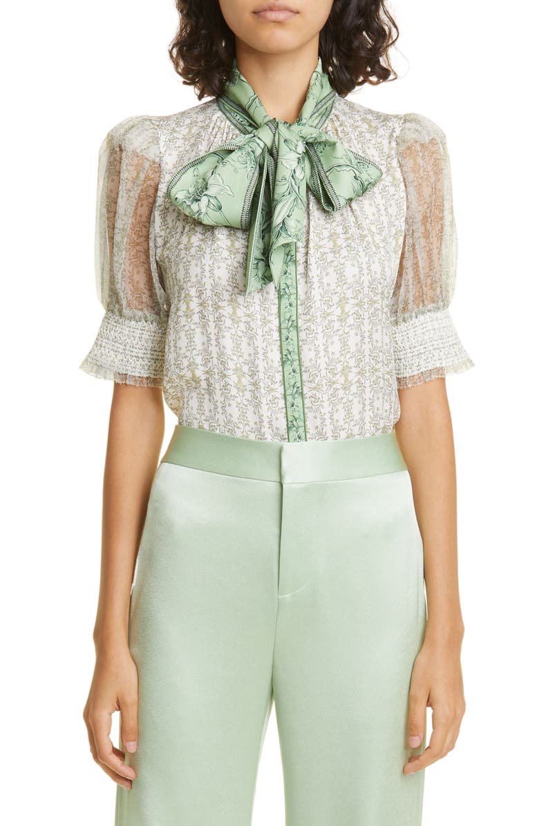 Alice + Olivia Brentley Tie Neck Puff Sleeve Blouse, Main, color, 