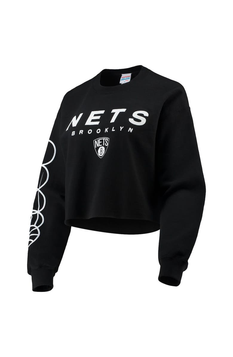 Junk Food Women's Junk Food Black Brooklyn Nets Cut Off Moderate Crop Fleece Crew Sweatshirt, Alternate, color,