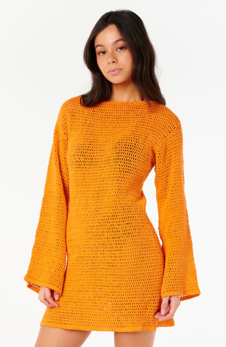 Rip Curl Neon Isles Long Sleeve Crochet Cover-Up Dress, Alternate, color, Light Orange