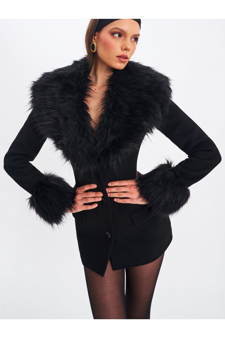 Hailee Single Breasted Wool Blend Mini Coat with Removable Fur Lapel, Alternate, color, Black