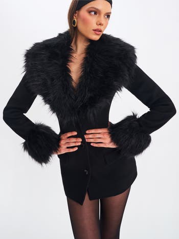 Hailee Single Breasted Wool Blend Mini Coat with Removable Fur Lapel