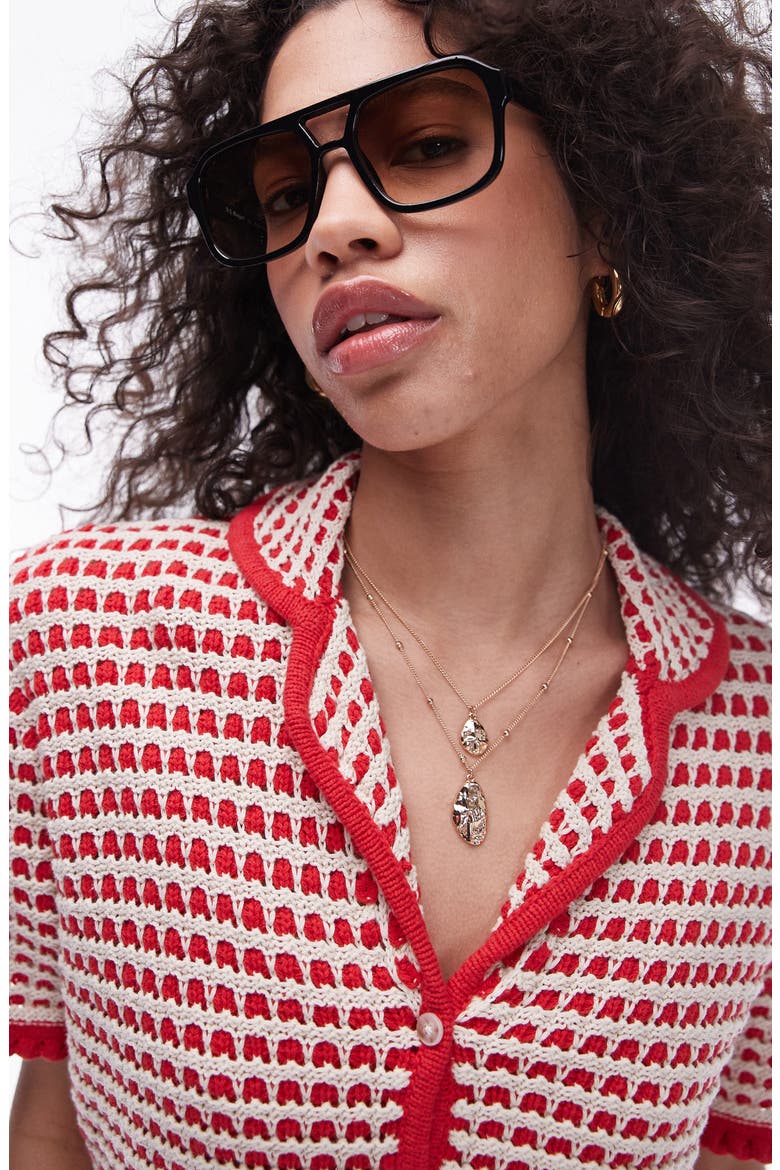 Chunky Sweater Knit Button-Up Top, Alternate, color, RED