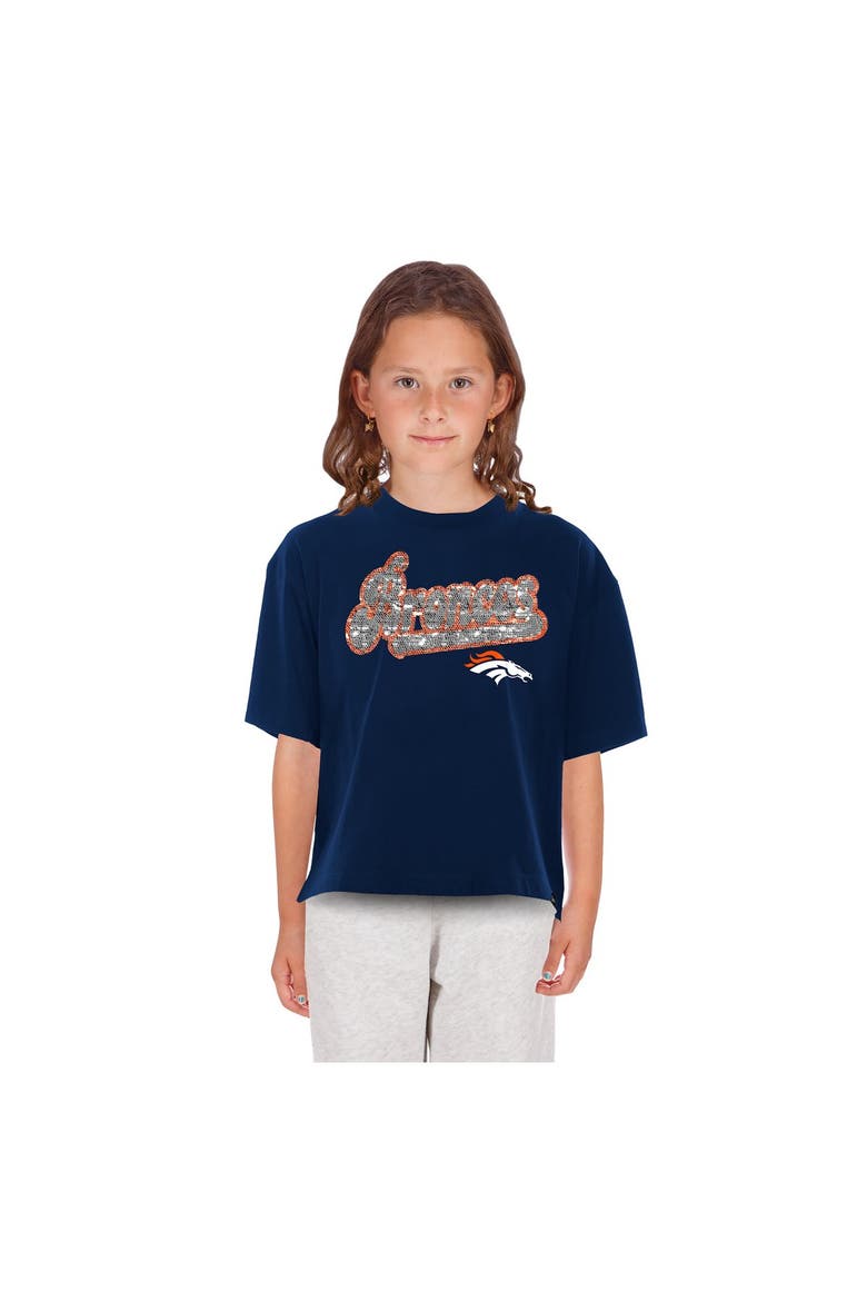 Girls Youth New Era  Navy Denver Broncos Flip Sequin Boxy T-Shirt, Alternate, color, Navy