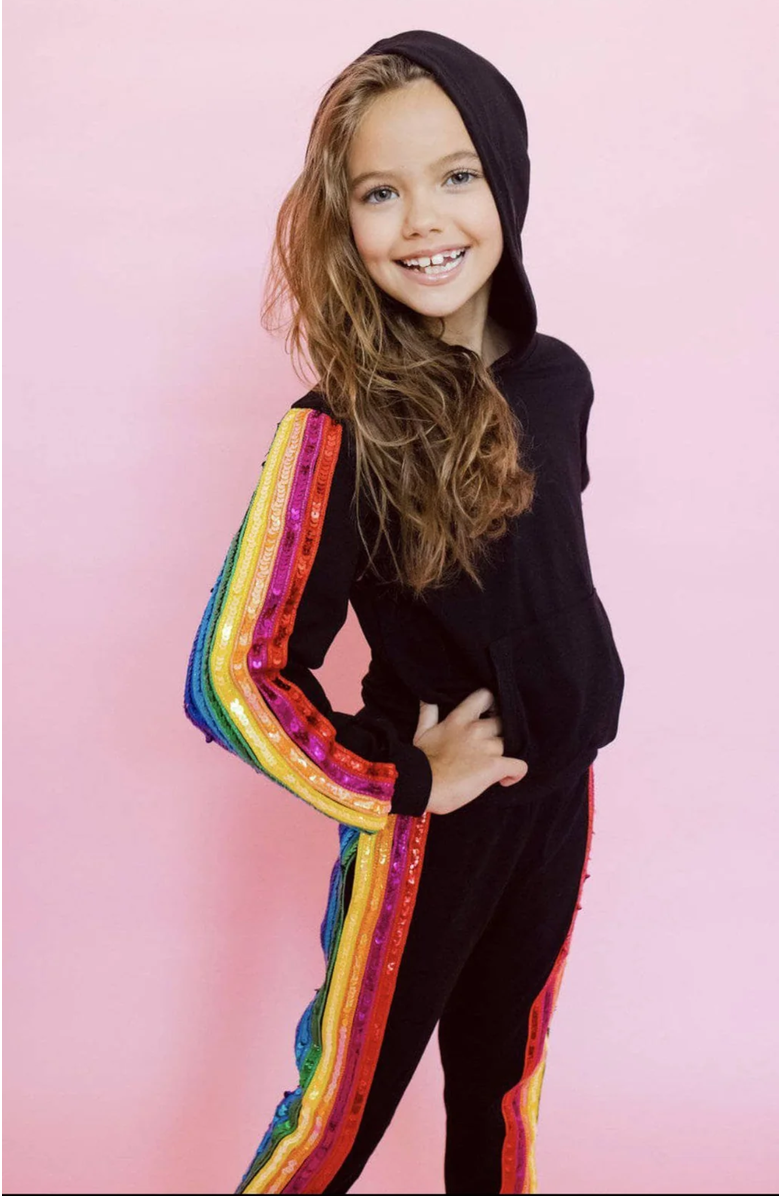 Lola + The Boys Sequin Rainbow Hoodie Track Set, Alternate, color, Black