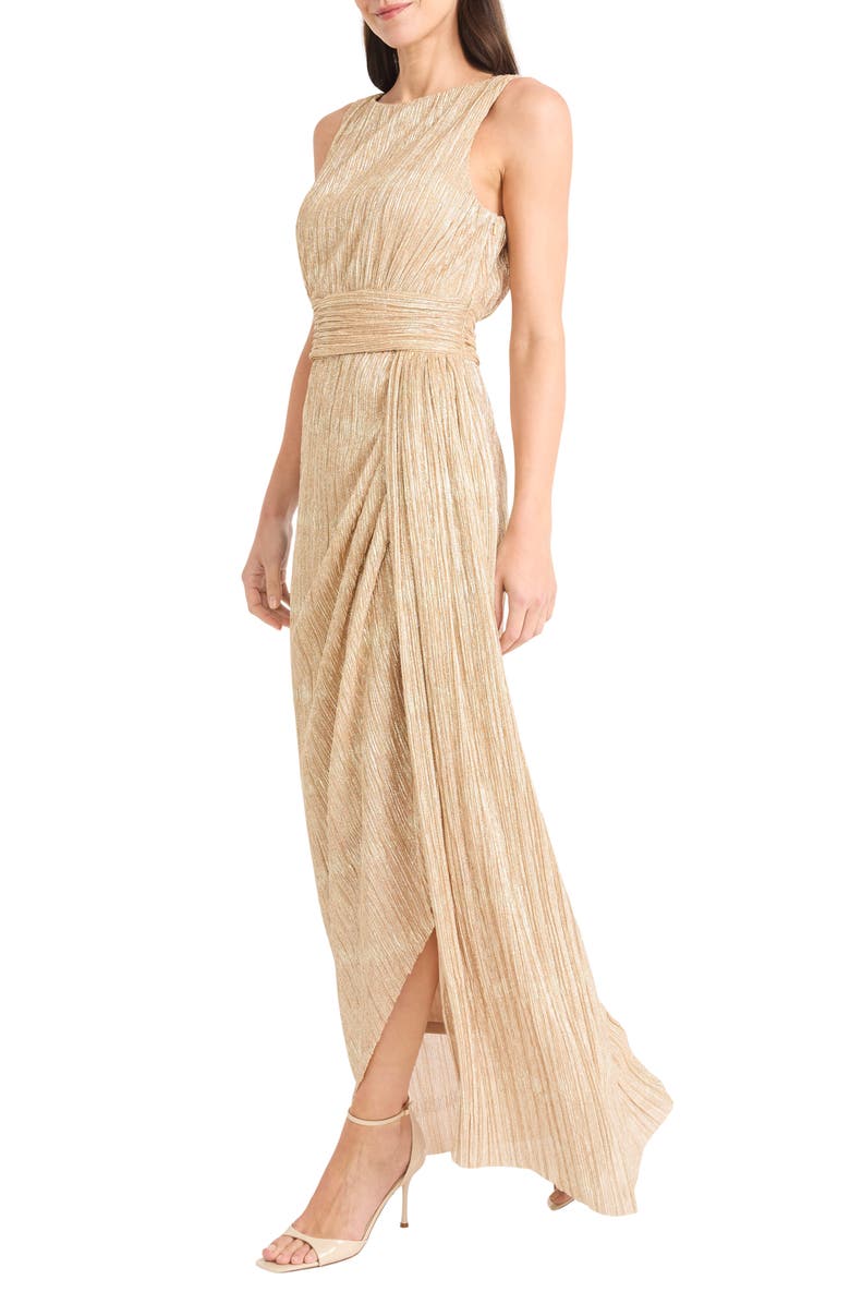 Maggy London Textured Metallic Side Ruched Gown, Alternate, color, Gold