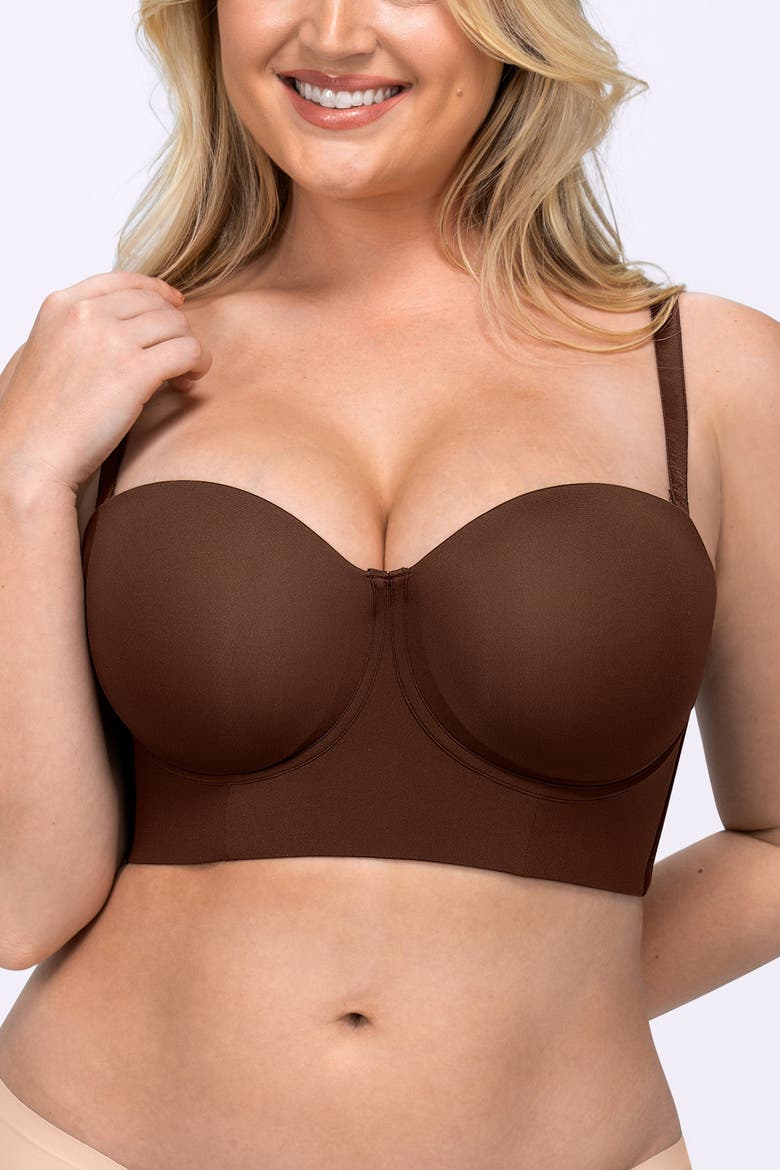 Strapless Convertible Underwire Back Smoothing Multi-Way Longline Bra, Alternate, color, Brown