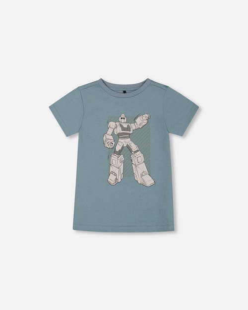 DEUX PAR DEUX DEUX PAR DEUX LITTLE BOY'S ORGANIC COTTON GRAPHIC TEE GRAYISH TEAL AND ROBOT 