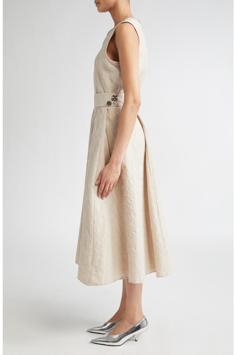 Carmen Leaf Jacquard Belted Midi Dress, Alternate, color, ECRU
