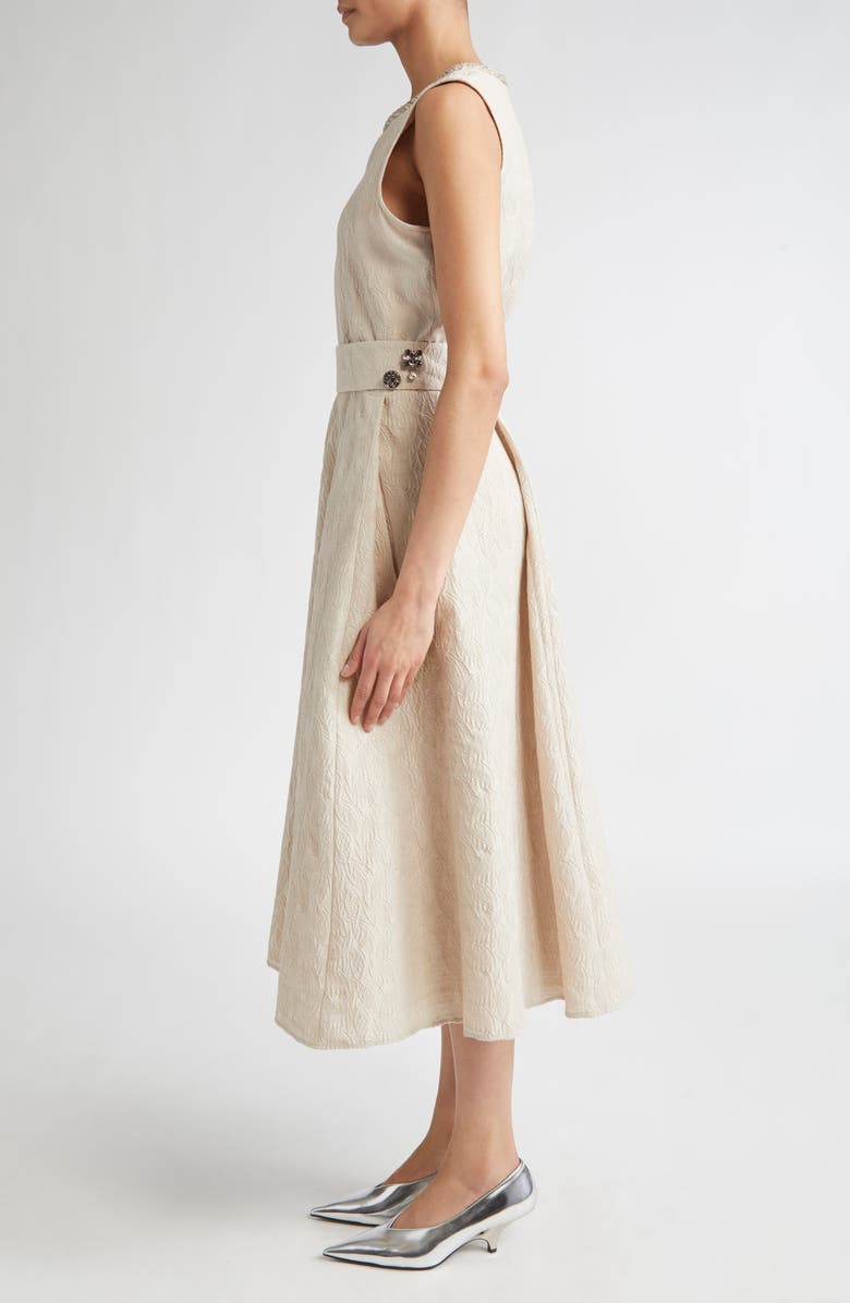 Max Mara Carmen Leaf Jacquard Belted Midi Dress, Alternate, color, Ecru