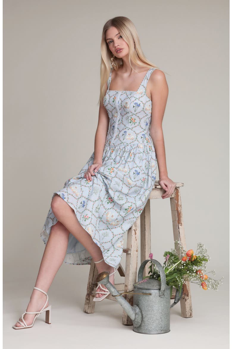 Floral Print Linen Blend Midi Dress, Alternate, color, PERIWINKLE FELICITY