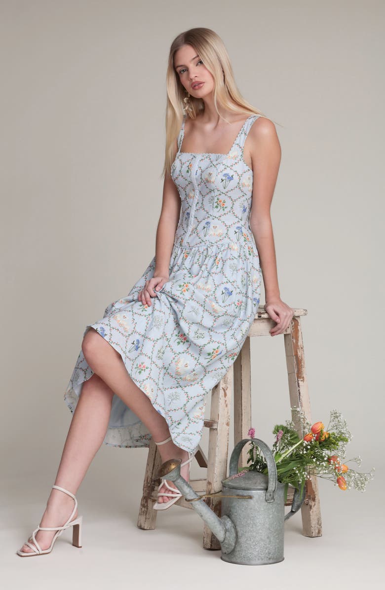 Avec Les Filles Floral Print Linen Blend Midi Dress, Alternate, color, Periwinkle Felicity