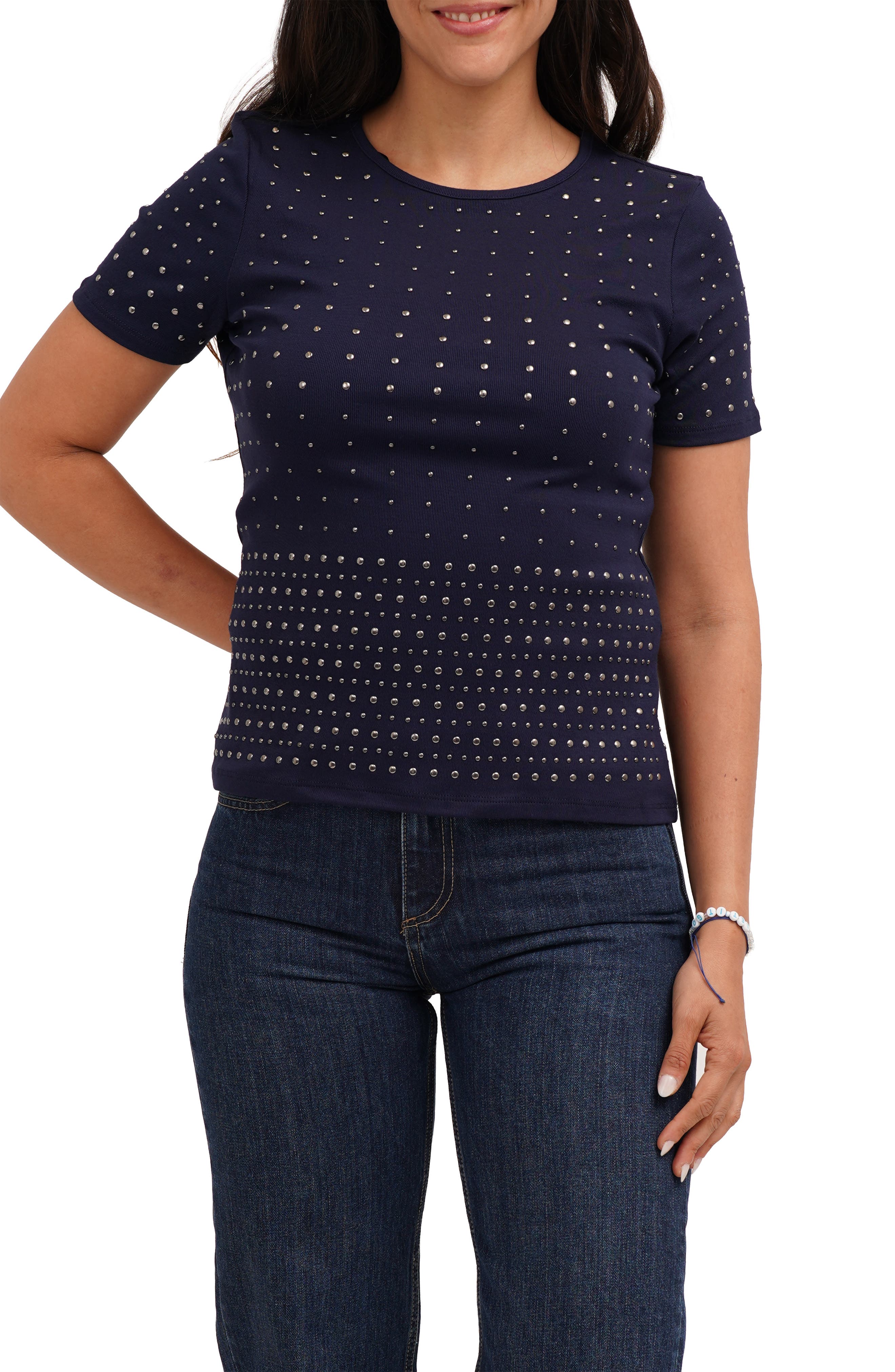Allover Studded Short Sleeve Top