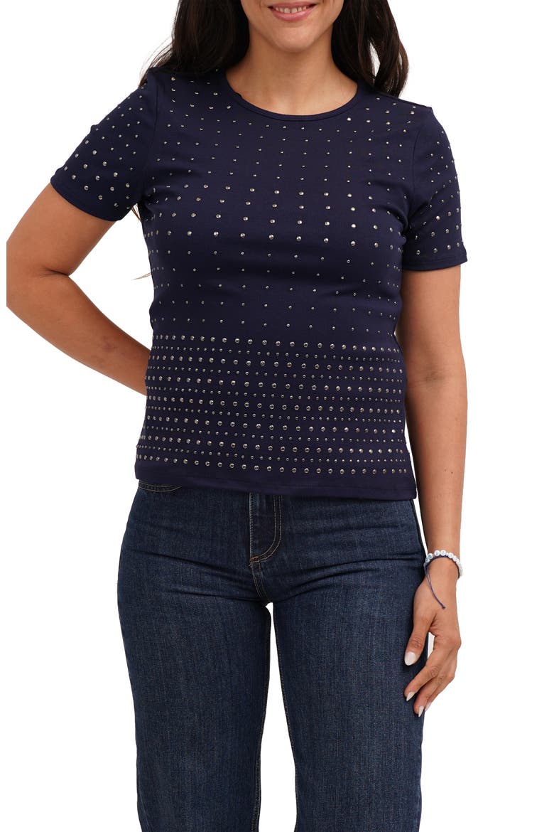 Allover Studded Short Sleeve Top, Main, color, NAVY