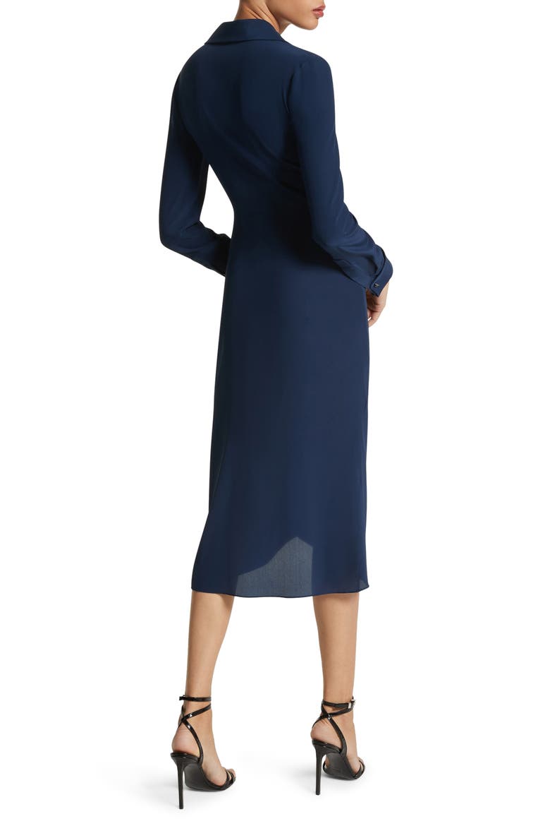 Twist Detail Long Sleeve Organic Silk Crêpe de Chine Shirtdress, Alternate, color, NAVY