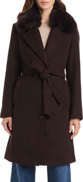 Vince Camuto Faux Fur Collar Belted Wool Blend Coat
