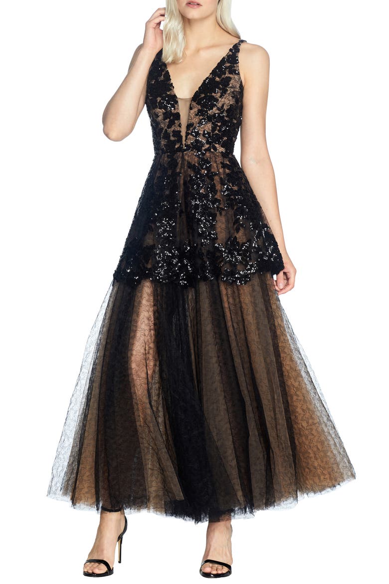 Rachelle Fit & Flare Lace Gown, Main, color, BLACK-NUDE