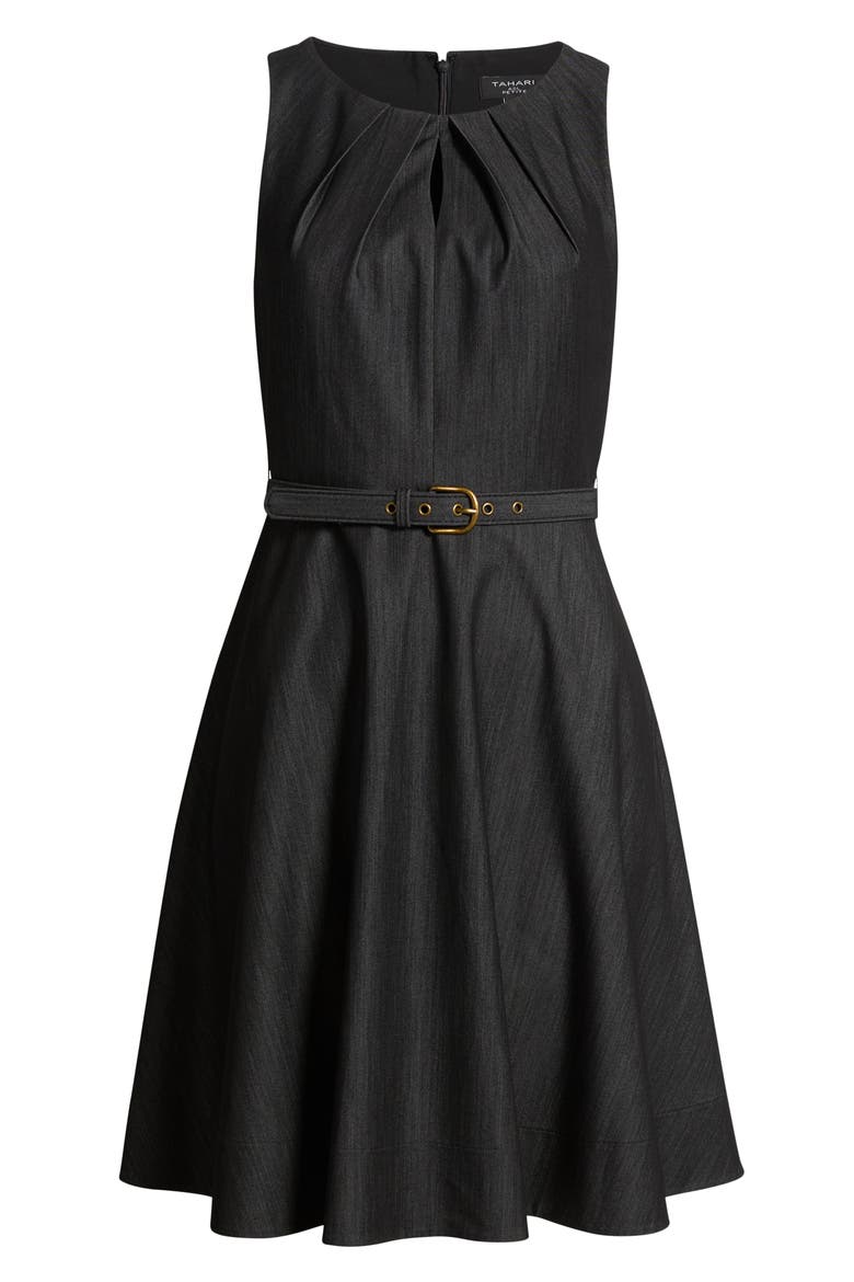 Pleat Belted Fit & Flare Dress, Alternate, color, BLACK