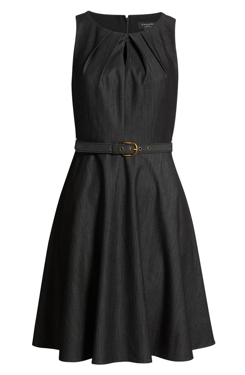Tahari ASL Pleat Belted Fit & Flare Dress, Alternate, color, Black