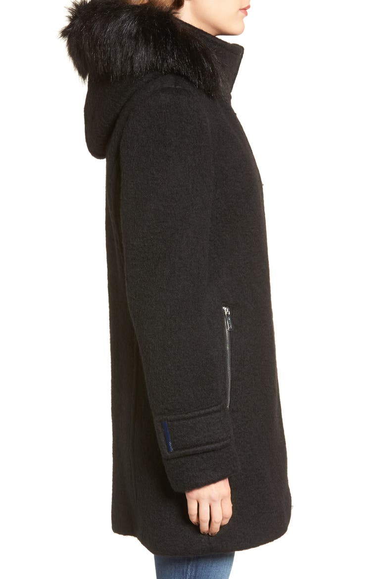 Hooded Wool Blend Jacket with Faux Fur Trim, Alternate, color, BLACK