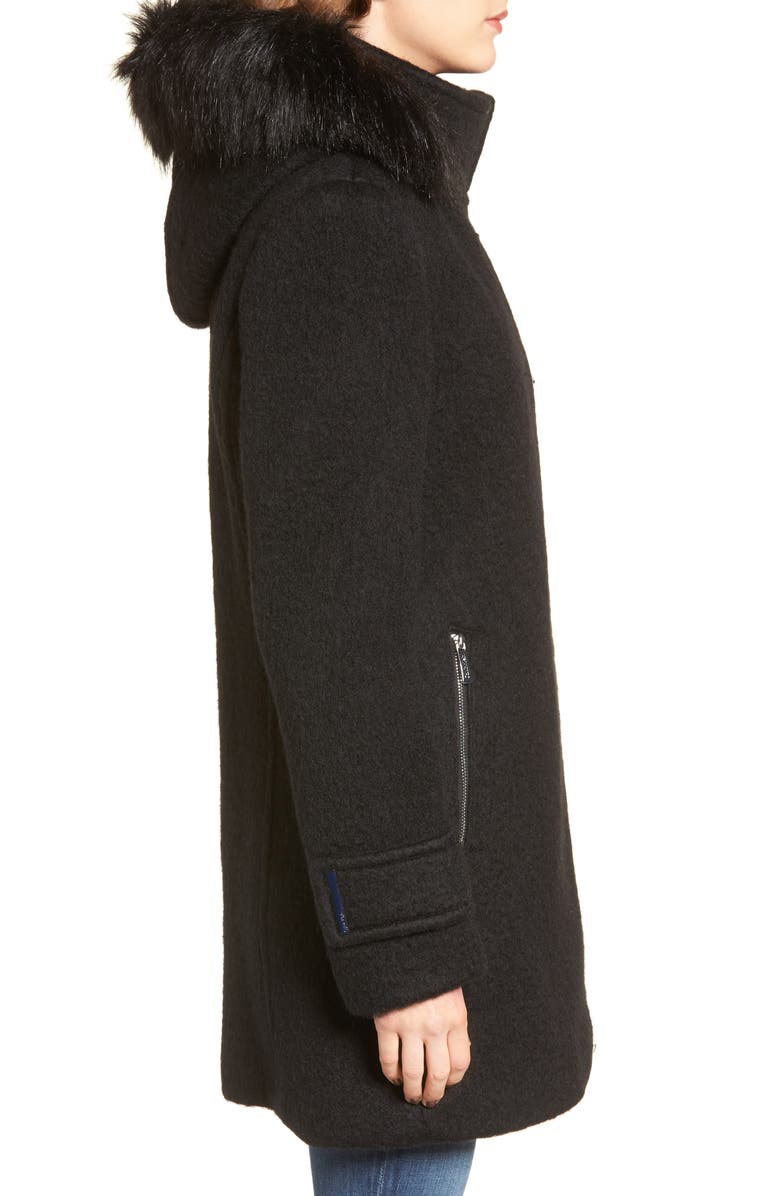 Calvin Klein Hooded Wool Blend Jacket with Faux Fur Trim, Alternate, color,