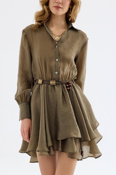 Alora TENCEL Button-Front Pleated Mini Shirt Dress