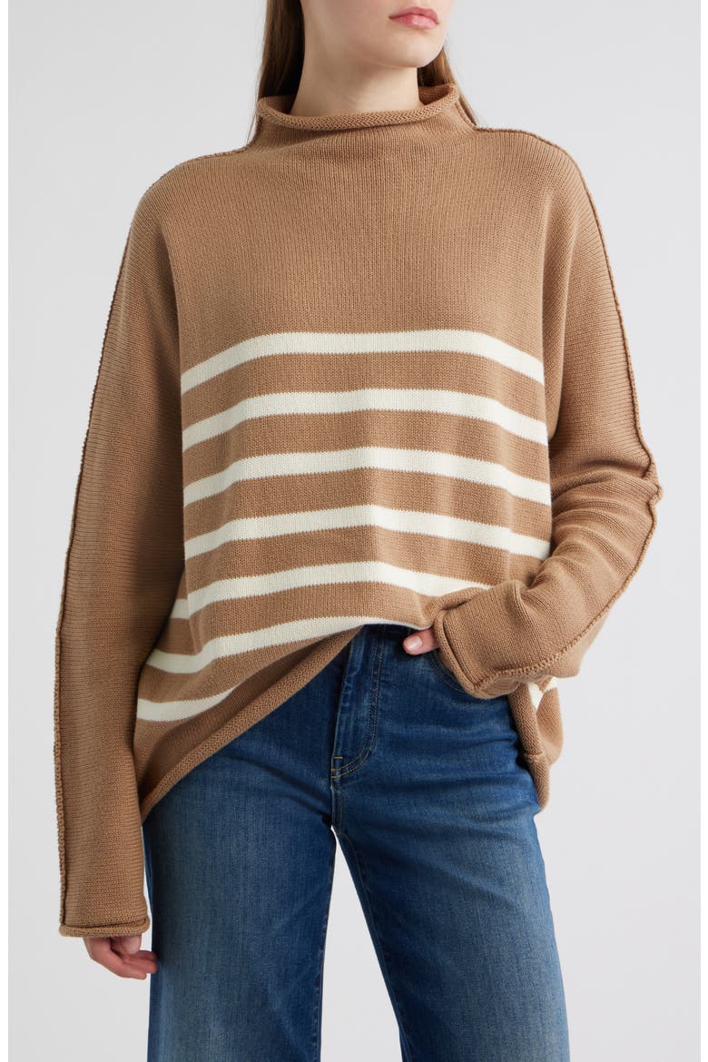 Monterey Stripe Cotton Funnel Neck Sweater, Main, color, CAMEL STRIPE