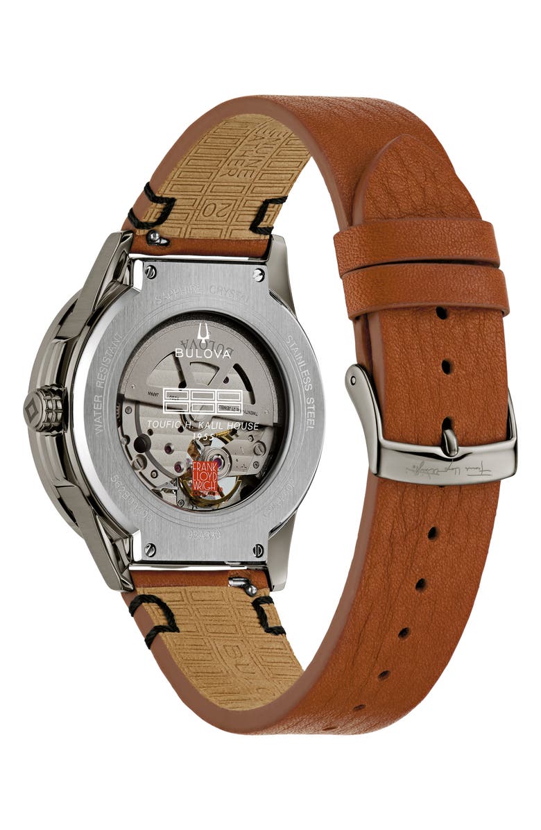 BULOVA Frank Lloyd Wright Collection Kalil House Usonian Automatic Leather Strap Watch, 39mm, Alternate, color, Brown