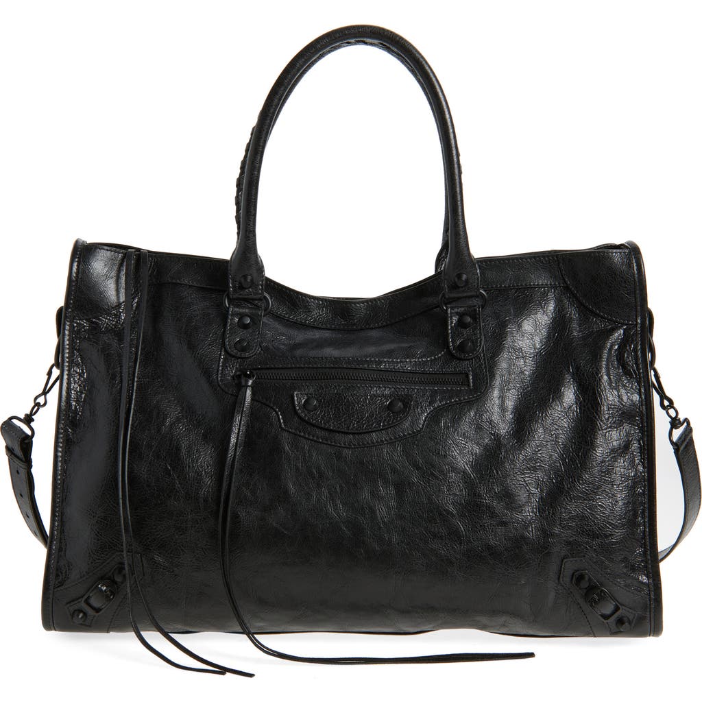 Balenciaga Large Le City Crinkled Leather Tote In Black