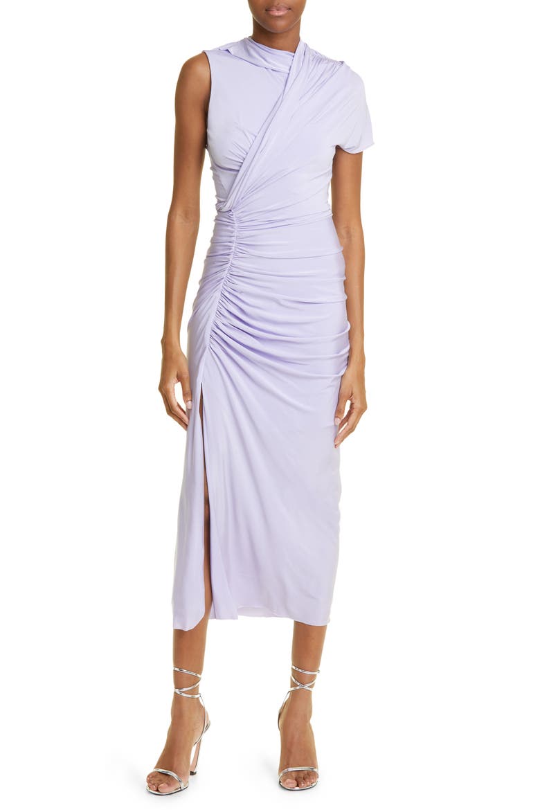 Ruched One-Sleeve Draped Jersey Midi Dress, Main, color, IRIS
