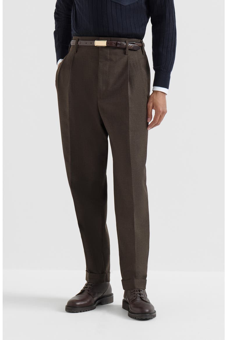 Virgin wool diagonal trousers with double pleats, Main, color, Rust Brown