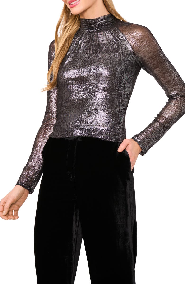 Ted Baker Metalllic Ruched Turtleneck Top, Main, color, Rich Black