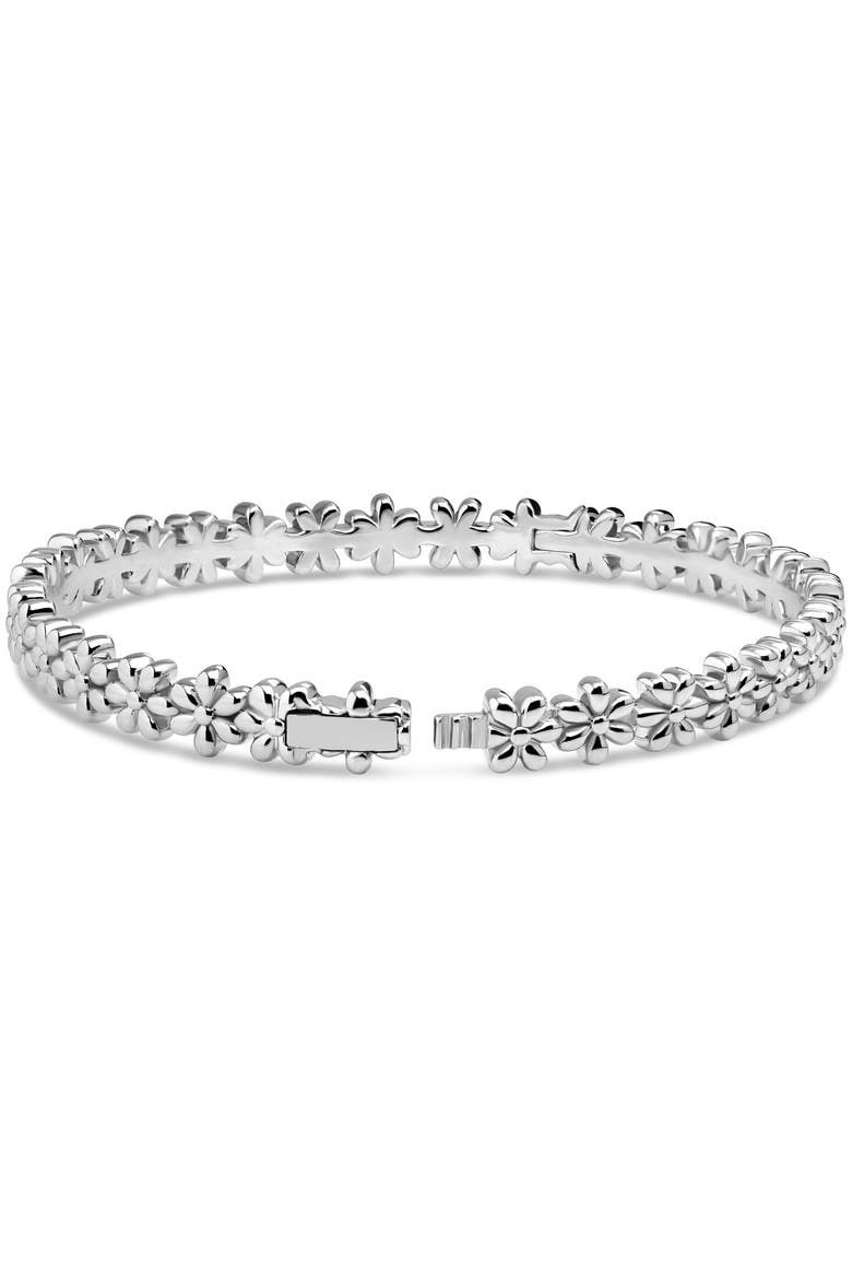 Daisy Flower Eternity Bangle Bracelet in Rhodium Plated Sterling Silver, Alternate, color, Silver