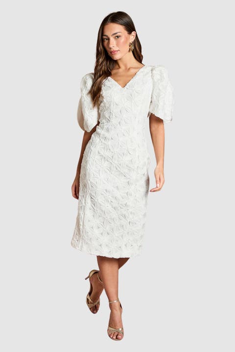 Floral Pleated Puff Sleeve Pencil Dress