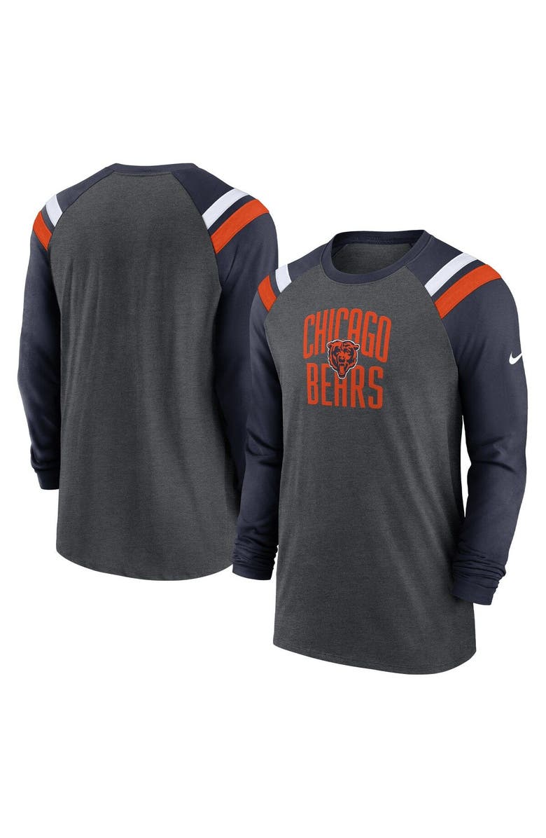 Nike Men's Nike Heathered Charcoal/Navy Chicago Bears Tri-Blend Raglan Athletic Long Sleeve Fashion T-Shirt, Main, color, Heather Charcoal
