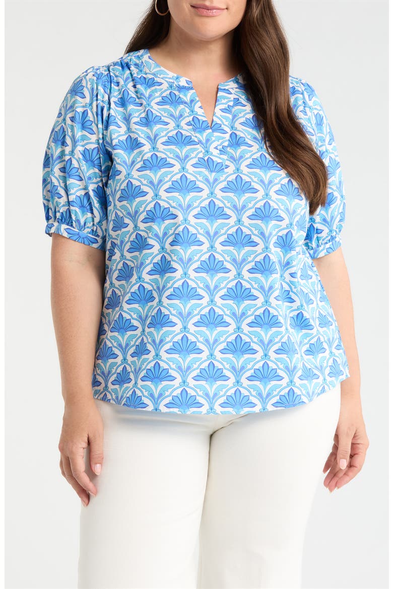 Elyse Geo Neli Puff Sleeve Cotton Top, Main, color, BLUES WHITE MULTI