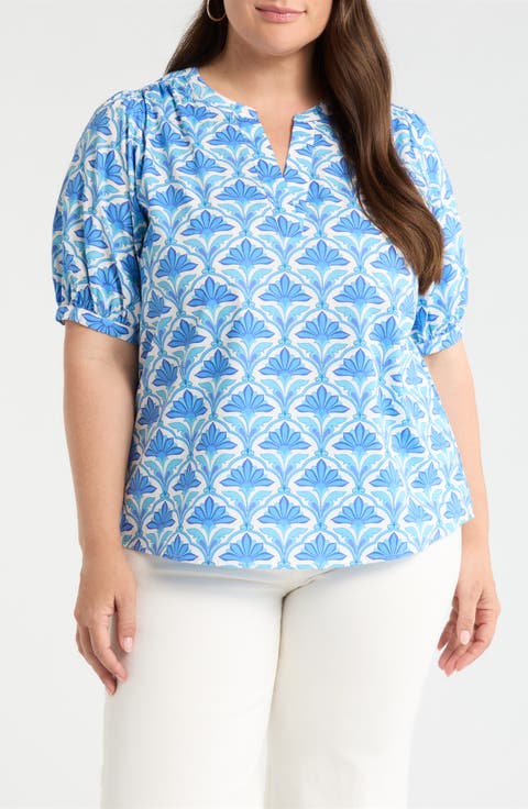Elyse Geo Neli Puff Sleeve Cotton Top (Plus)